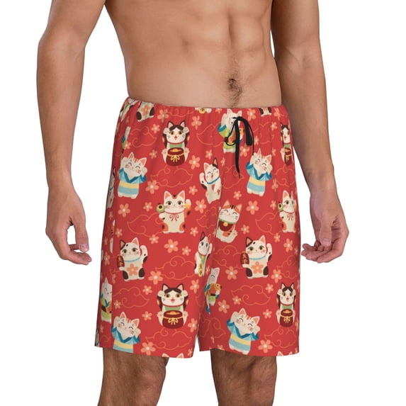 Daiia Japanese Maneki Cats Mens Woven Stretch Pajama Short,Short Pajama Pants-4X-Large