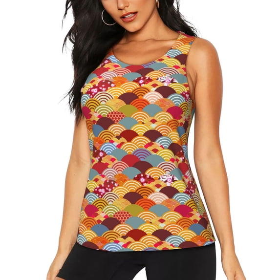 Daiia Japanese Style Fish Scales Printed Womens Workout Tops for Women Quick-dry Tank Tops Mesh Yoga Shirts Athletic Running Tank Tops Sleeveless Gym Clothes-