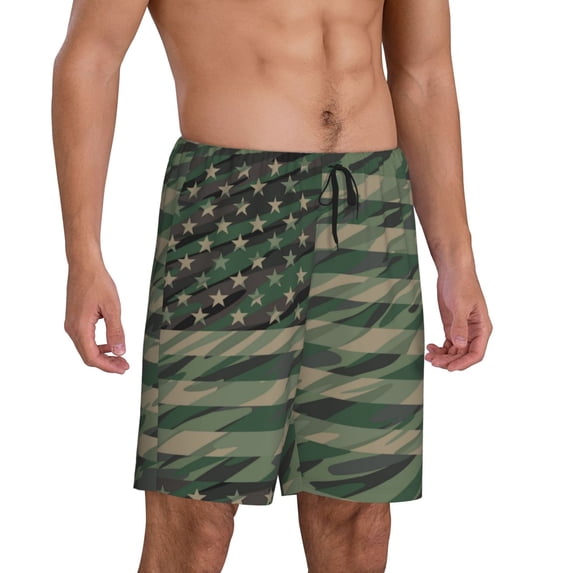 Daiia Jungle Green Camo USA Flag Mens Woven Stretch Pajama Short,Short Pajama Pants-4X-Large