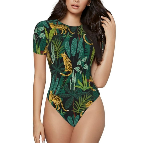 Daiia Jungle Leopard Yellow print Women's Crew Neck Short Sleeve Bodysuit Fashion Tops Fit Casual Basic Extender Bodysuit-Small