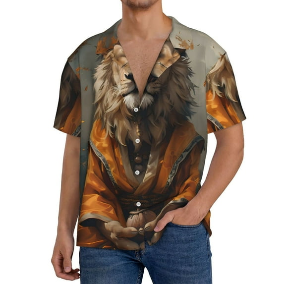 Daiia Jungle Meditating Lion Men's Linen Shirts Short Sleeve Casual Shirts Button Down Shirt for Men Beach Summer Wedding Shirt-Medium