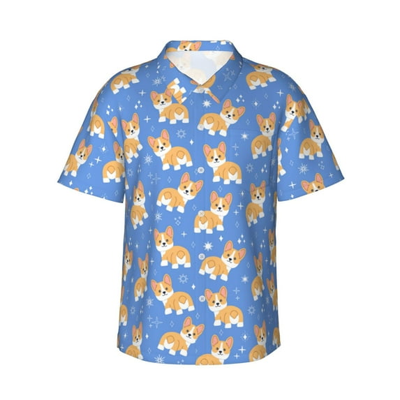 Daiia Kawaii Corgi Hawaiian Shirt for Men Gentle Cotton Regular Short Sleeve Casual-3X-Large