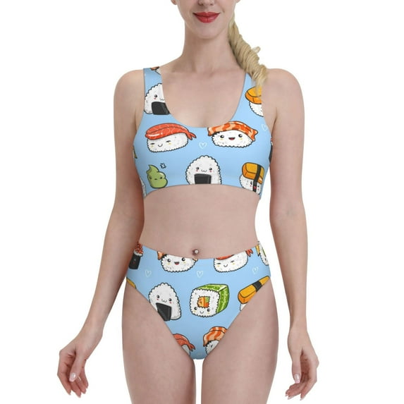 Daiia Kawaii Sushi printed 2 piece Swimsuit Bikinis for Women High Waisted Racerback Bathing Suits Summer Tummy Control Scoop Neck Swimwear-Large