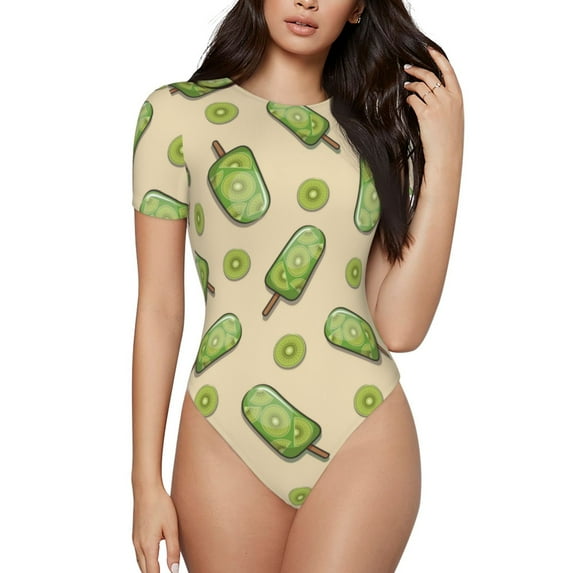 Daiia Kiwi Ice Cream print Women's Crew Neck Short Sleeve Bodysuit Fashion Tops Fit Casual Basic Extender Bodysuit-X-Large