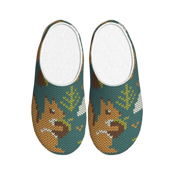 Daiia Knitted Woodland Squirrel Print Women’s Fuzzy Slippers Memory Foam Lightweight House Shoes Cozy Loafer Flannel House Shoes-37/38