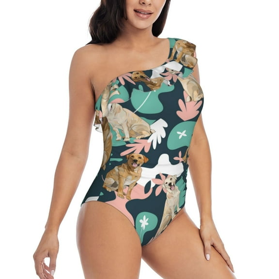 Daiia Labrador Retriever Dog Women's One Piece Swimsuits Personalized One Shoulder Swimwear Asymmetric Ruffle Bathing Suits-Medium