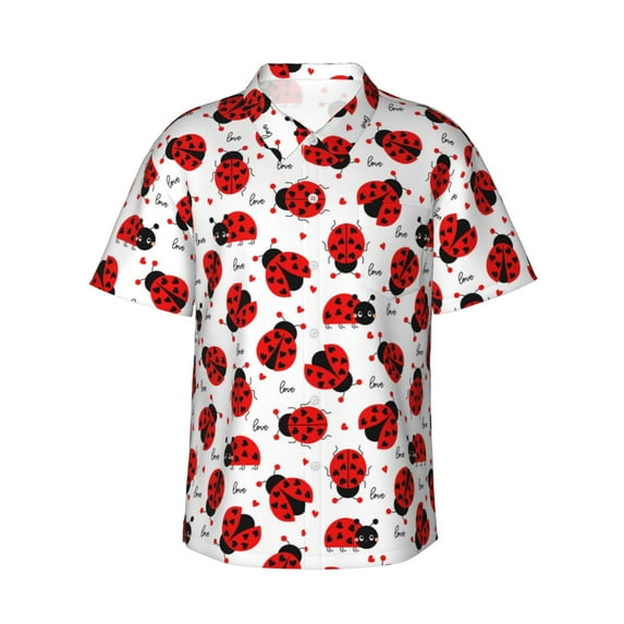 Daiia Ladybug And Heart Hawaiian Shirt for Men Gentle Cotton Regular Short Sleeve Casual-Large