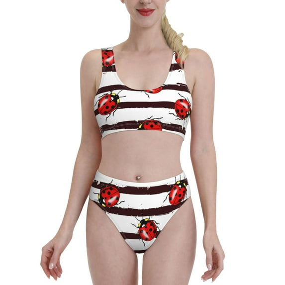 Daiia Ladybugs on Black and White Striped1 printed 2 piece Swimsuit Bikinis for Women High Waisted Racerback Bathing Suits Summer Tummy Control Scoop Neck Swimwear-Medium