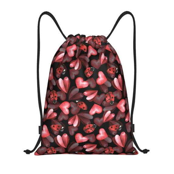 Daiia Ladybugs and Red Hearts Pattern Drawstring Backpack, Gym Bag, Lightweight Backpack, Water-Resistant Bag Travel Sports Backpack, Fitness Bag, Yoga Bag-Small