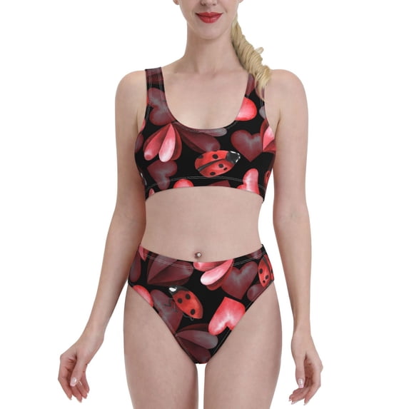 Daiia Ladybugs and Red Hearts printed 2 piece Swimsuit Bikinis for Women High Waisted Racerback Bathing Suits Summer Tummy Control Scoop Neck Swimwear-Small