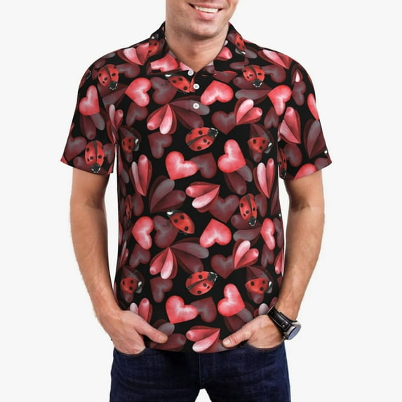 Daiia Ladybugs and Red Hearts Pattern Men’s Polo Shirts,Solid Deck Shirt,Classic Fit, Breathable Cotton Polo for Casual and Sport Wear-XX-Large