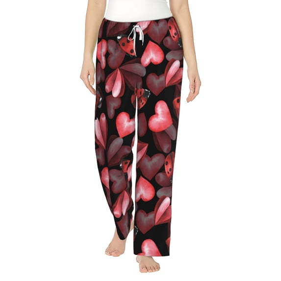 Daiia Ladybugs and Red Hearts Women's Sleep Pant with Pockets and Drawstring,Pajama Pants-Large