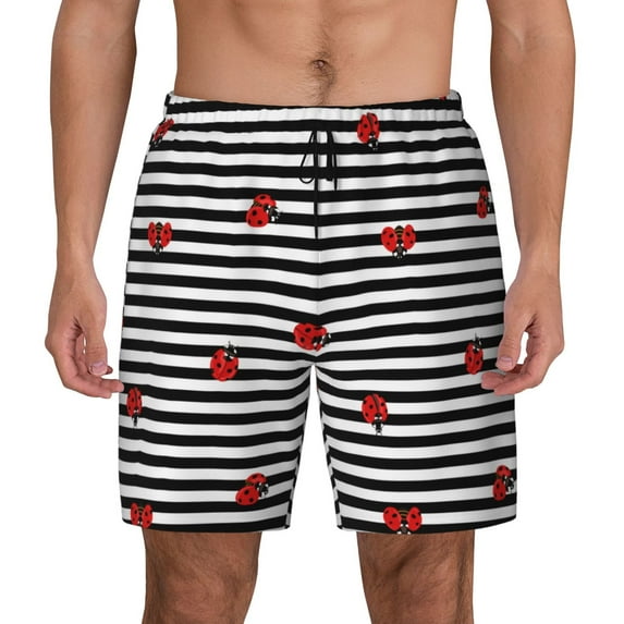 Daiia Ladybugs on Black and White Striped Mens Swim Trunks Swim Shorts Quick Dry Swim Shorts with Mesh Lining Pockets-Medium