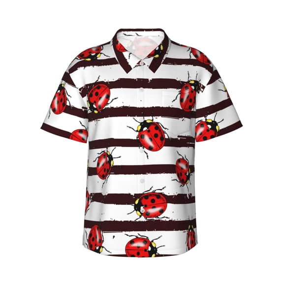 Daiia Ladybugs on Black and White Striped1 Hawaiian Shirt for Men Gentle Cotton Regular Short Sleeve Casual-3X-Large