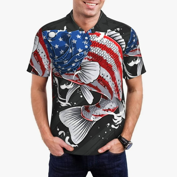 Daiia Largemouth Bass Fish in USA Pattern Men’s Polo Shirts,Solid Deck Shirt,Classic Fit, Breathable Cotton Polo for Casual and Sport Wear-X-Large