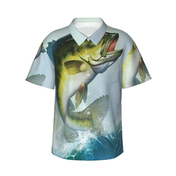 Daiia Largemouth Bass jumps out of water Print Hawaiian Shirt for Men Gentle Cotton Regular Short Sleeve Casual,Small