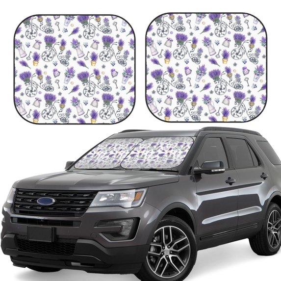 Daiia Lavender Bicycle 2PCS Car Windshield Sun Shade, Foldable Sun Shield for Car Front Window, Auto Sun Blocker Visor Protector Universal for Truck SUV Pickup-Large