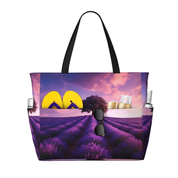 Daiia Lavender Field Sunset Beach Travel Bag - Water-Resistant Beach Bag, Lightweight Tote with 7 Pockets for Women and Men - Gym,Pool,Camping,Reusable Grocery Bag
