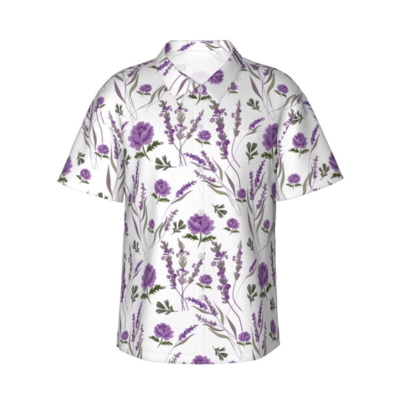 Daiia Lavender Flowers Hawaiian Shirt for Men Gentle Cotton Regular Short Sleeve Casual-Medium