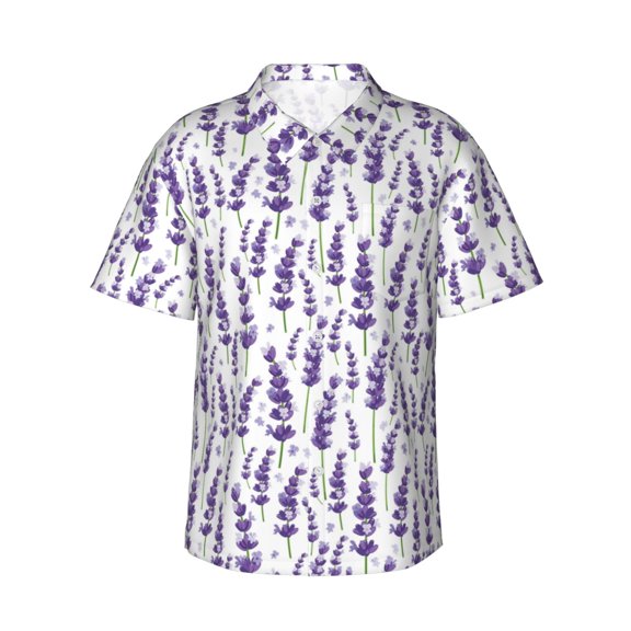 Daiia Lavender Flowers Hawaiian Shirt for Men Gentle Cotton Regular Short Sleeve Casual-Medium