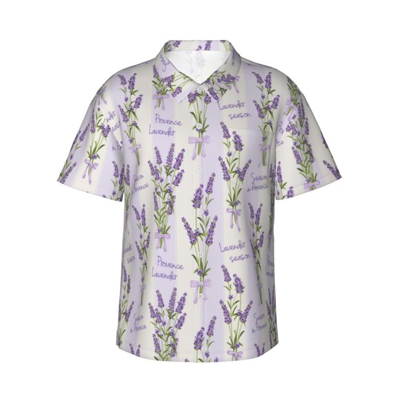 Daiia Lavender Flowers Hawaiian Shirt for Men Gentle Cotton Regular Short Sleeve Casual-Small