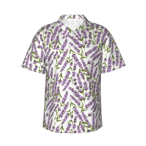 Daiia Lavender Flowers Hawaiian Shirt for Men Gentle Cotton Regular Short Sleeve Casual-Small