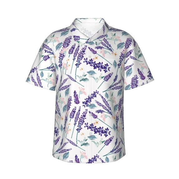 Daiia Lavender Flowers Hawaiian Shirt for Men Gentle Cotton Regular Short Sleeve Casual-X-Large