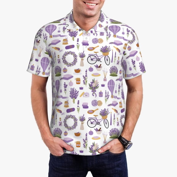 Daiia Lavender Flowers Pattern Men’s Polo Shirts,Solid Deck Shirt,Classic Fit, Breathable Cotton Polo for Casual and Sport Wear-Small