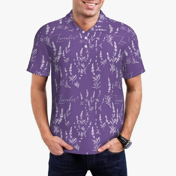 Daiia Lavender Flowers Pattern Men’s Polo Shirts,Solid Deck Shirt,Classic Fit, Breathable Cotton Polo for Casual and Sport Wear-