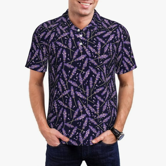 Daiia Lavender Flowers Pattern Men’s Polo Shirts,Solid Deck Shirt,Classic Fit, Breathable Cotton Polo for Casual and Sport Wear-