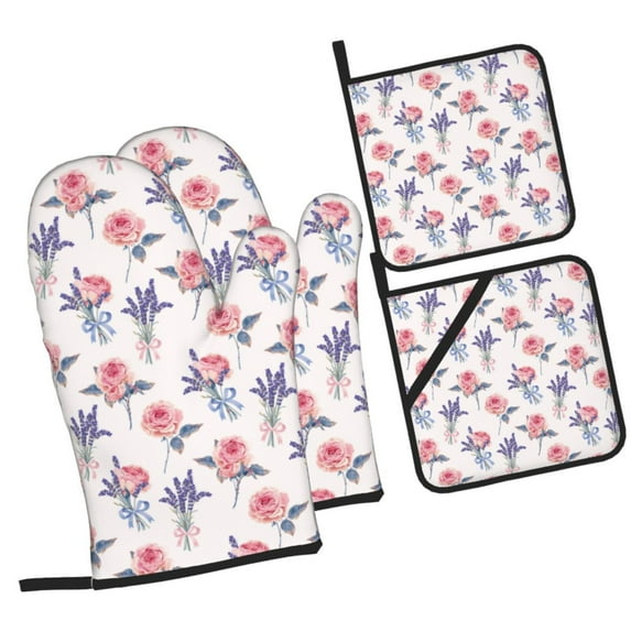Daiia Lavender Flowers Pattern Oven Mitts and Pot Holders 4 pcs Set,High Heat Resistant 500 Degree Extra Thicken Long Kitchen Cotton Oven Glove