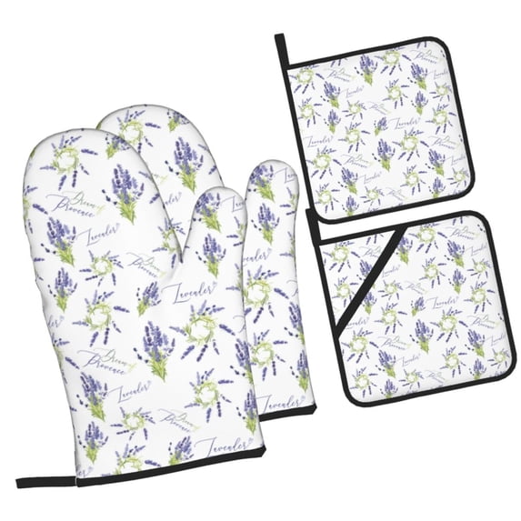 Daiia Lavender Flowers Pattern Oven Mitts and Pot Holders 4 pcs Set,High Heat Resistant 500 Degree Extra Thicken Long Kitchen Cotton Oven Glove