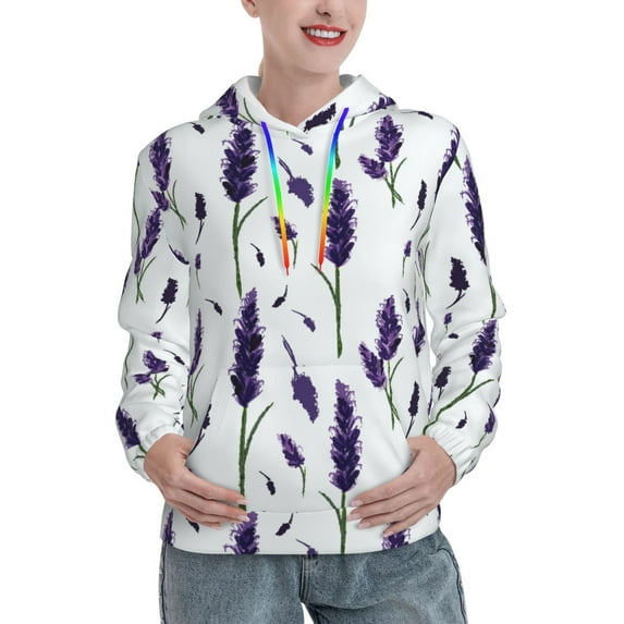 Daiia Lavender Flowers Pattern Women's Fashion Hoodies & Sweatshirts with Kangaroo Pocket Hooded Sweatshirt with Eye-catching Drawstrings-Small