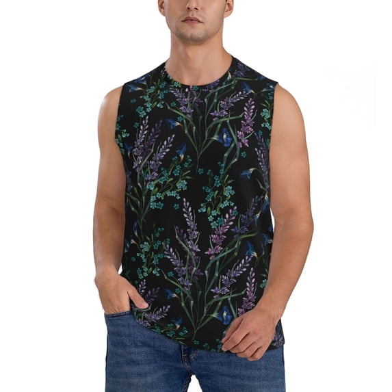 Daiia Lavender Flowers Printed Men's Tank Tops,Casual Soft Sleeveless Gym Muscle Shirts Bodybuilding Tee-Large