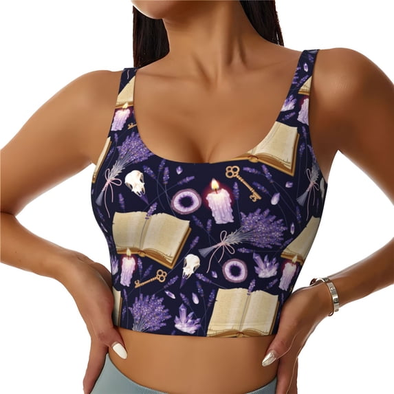 Daiia Lavender Flowers Printed Women's Sports Bra, Breathable Activewear Bra with U-Back Design and Removable Pads, Comfortable and Supportive for Yoga, Workout-Small