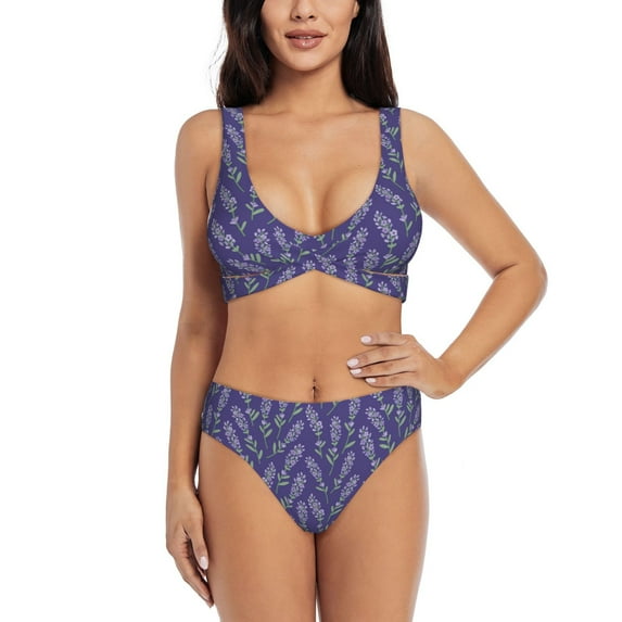 Daiia Lavender Flowers Women's Bikini Set Two Piece Swimsuit High Waisted Bikini Adjustable Straps Bikini Perfect for Beach, Pool, and Summer Vacation-