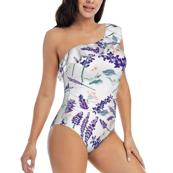 Daiia Lavender Flowers Women's One Piece Swimsuits Personalized One Shoulder Swimwear Asymmetric Ruffle Bathing Suits-Medium