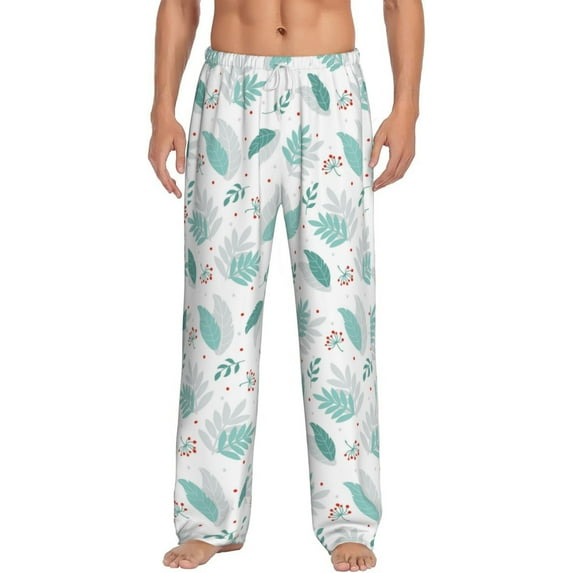 Daiia Leaf Print Green Men's Sleep Pant with Pockets and Drawstring,Pajama Pants-Medium