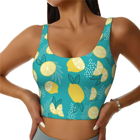Daiia Lemon Blue Printed Women's Sports Bra, Breathable Activewear Bra with U-Back Design and Removable Pads, Comfortable and Supportive for Yoga, Workout-Medium