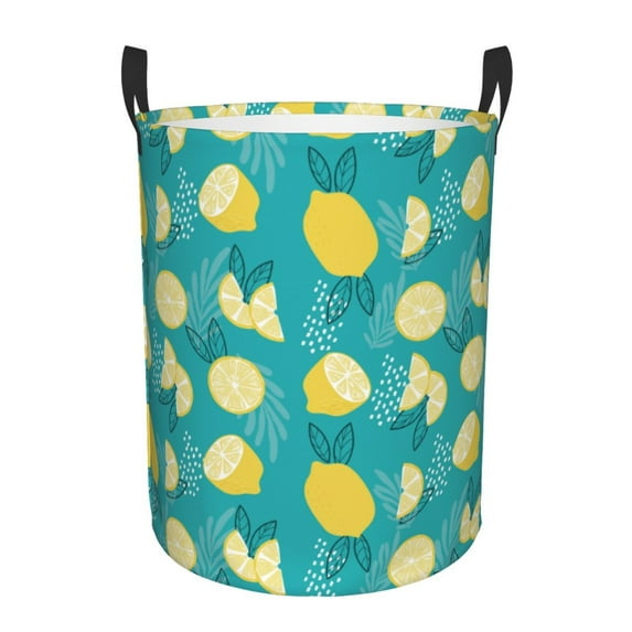 Daiia Lemon Blue Round Laundry Basket with Handles Thickened Waterproof Circular hamper,Dirty Clothes Storage Basket for Bedroom,Bathroom,College Dorm-Medium