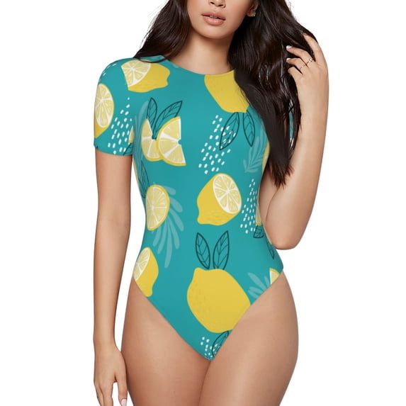 Daiia Lemon Blue print Women's Crew Neck Short Sleeve Bodysuit Fashion Tops Fit Casual Basic Extender Bodysuit-XX-Large