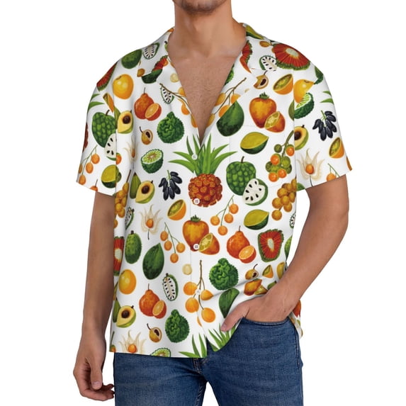 Daiia Lemon Fruits Vegetables Men's Linen Shirts Short Sleeve Casual Shirts Button Down Shirt for Men Beach Summer Wedding Shirt-4X-Large