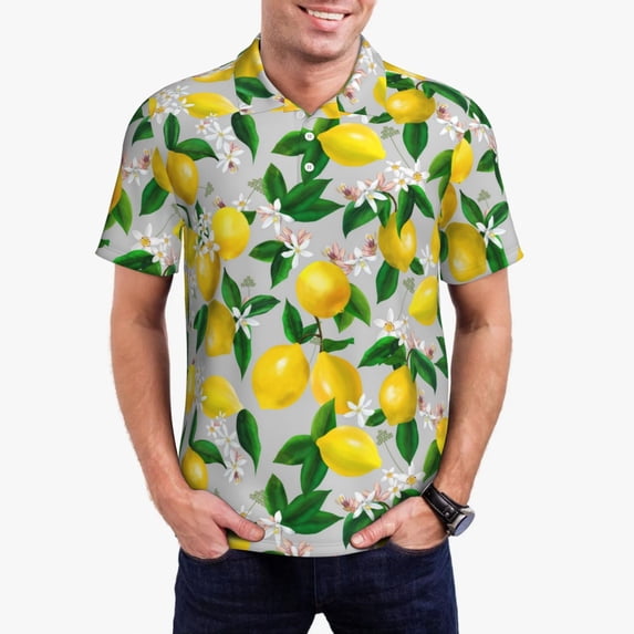 Daiia Lemon Seamless Pattern Oil Painting Effect Pattern Men’s Polo Shirts,Solid Deck Shirt,Classic Fit, Breathable Cotton Polo for Casual and Sport Wear-XX-Large