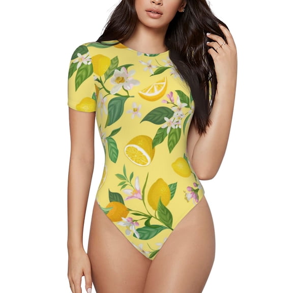 Daiia Lemon Women'S Crew Neck Short Sleeve Slim Fit T Shirts Tops Basic Bodysuit Leotard Clothing-Small