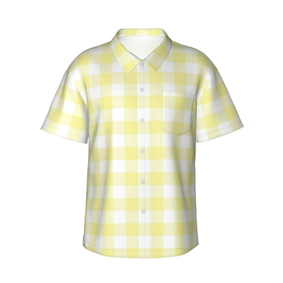 Daiia Lemon Yellow Checkboard Hawaiian Shirt for Men Gentle Cotton Regular Short Sleeve Casual-X-Large