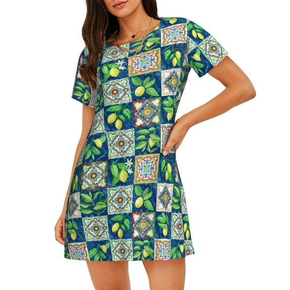 Daiia Lemon and Leaves Print Women's Nightshirt Soft Nightgowns for Women Short Sleeve dress Short-sleeved Sleepwear