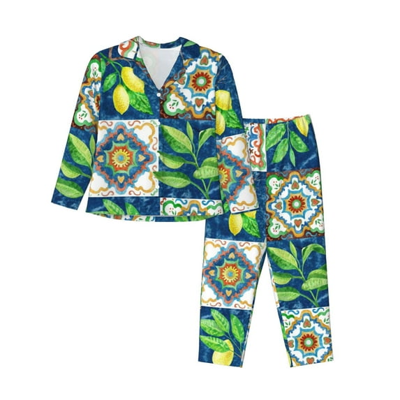 Daiia Lemon and Leaves for Women's Long-Sleeved Pajama Set – Soft & Comfortable Sleepwear Button-Up Pajamas Cozy Lounge Wear-Large