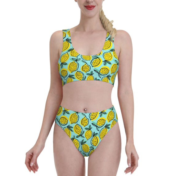 Daiia Lemon1 printed 2 piece Swimsuit Bikinis for Women High Waisted Racerback Bathing Suits Summer Tummy Control Scoop Neck Swimwear-X-Large