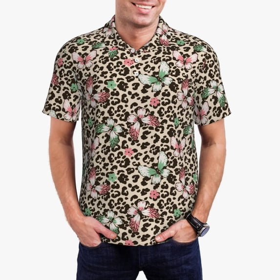 Daiia Leopard Dots Pattern Men’s Polo Shirts,Solid Deck Shirt,Classic Fit, Breathable Cotton Polo for Casual and Sport Wear-Large