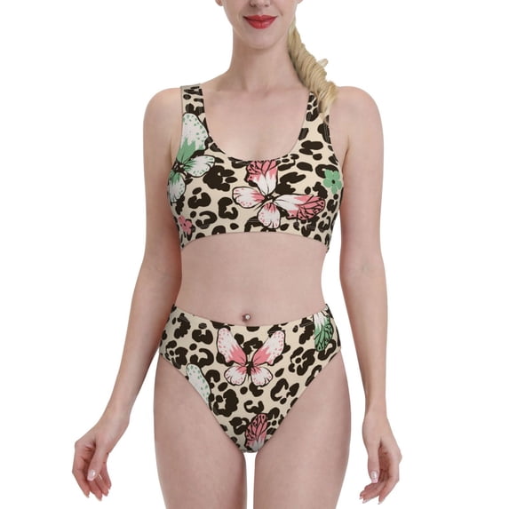 Daiia Leopard Dots printed 2 piece Swimsuit Bikinis for Women High Waisted Racerback Bathing Suits Summer Tummy Control Scoop Neck Swimwear-X-Large